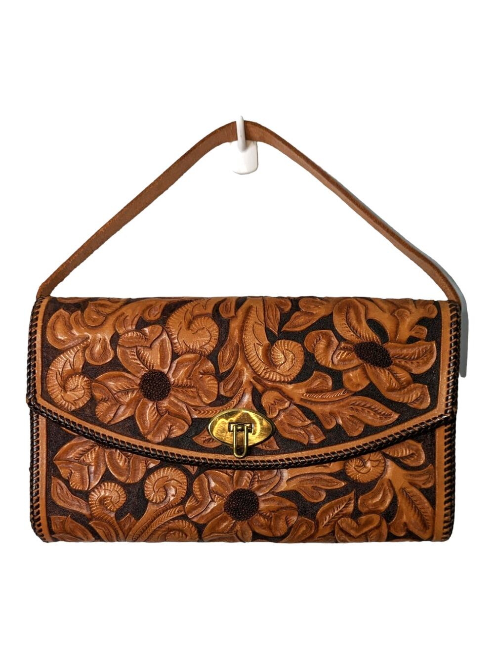 Vintage Hand Tooled Leather Hand Bag Floral Leaf Pattern
